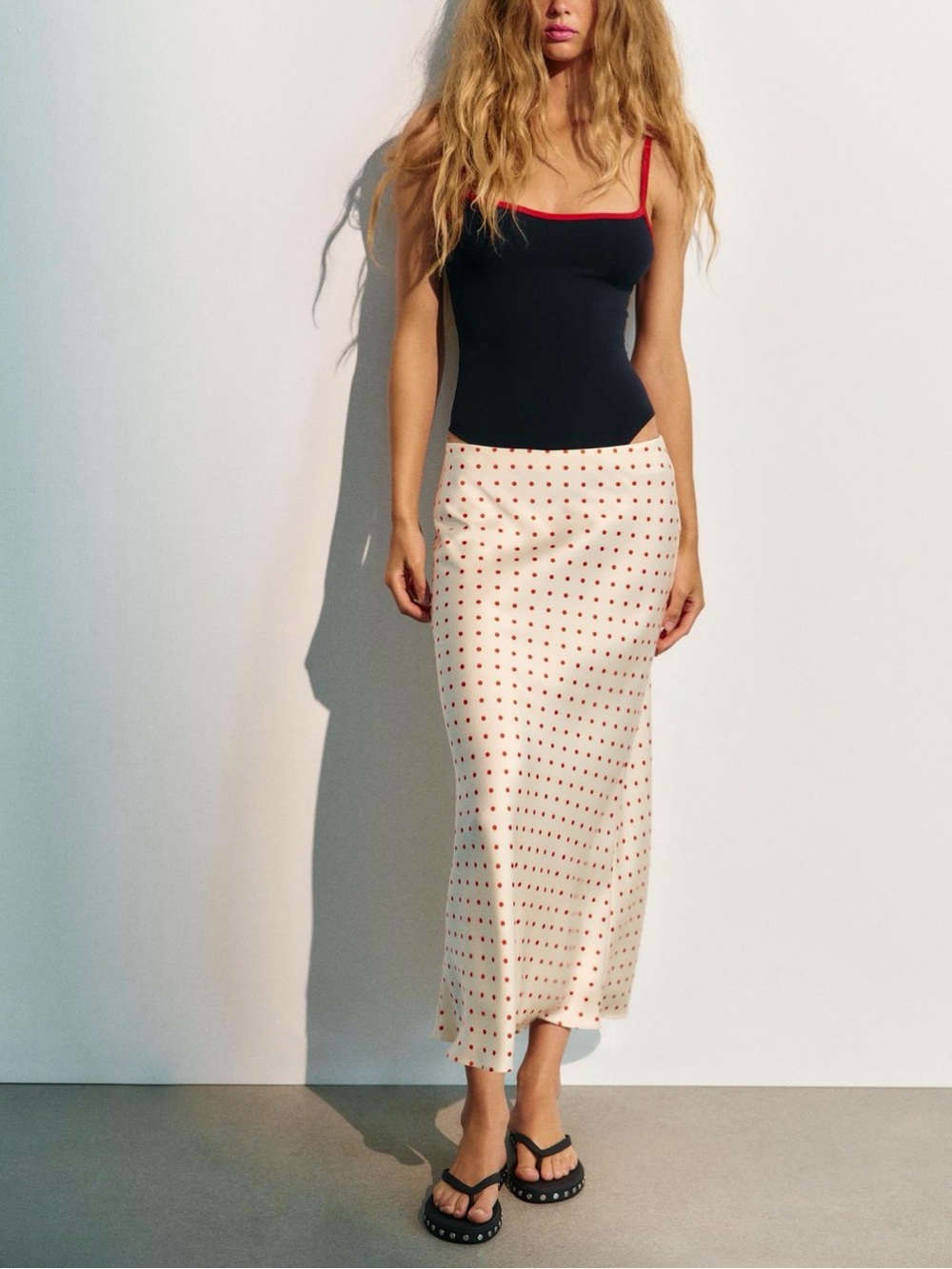 Zara Cream Maxi Skirt with Red Polka Dots
